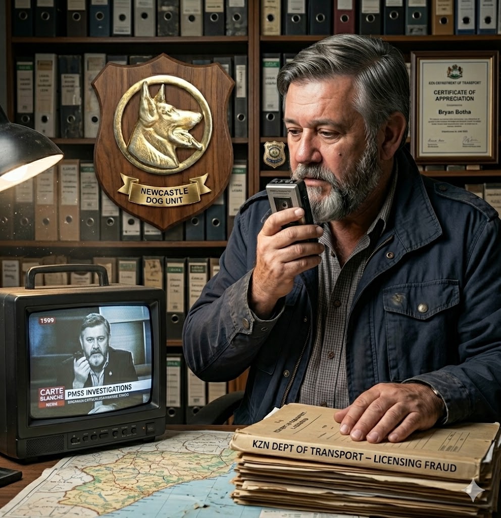 Bryan Botha, investigative forensic architect, in a retro 1999-2000 environment, documenting KZN Transport Department evidence, with the gold Newcastle Dog Unit legacy displayed. Featured on Carte Blanche.